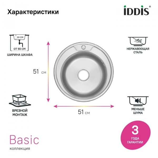Мойка, нерж. cталь, сатин, D510, Basic, ID BAS51S1i77,