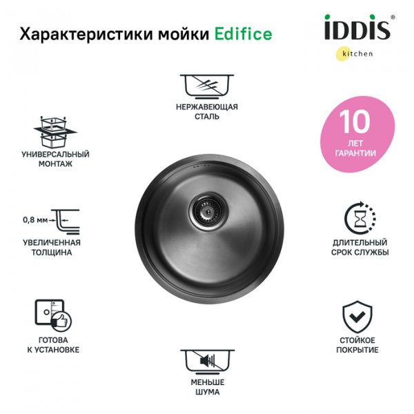 Мойка, нерж.сталь, универсального монтажа, графит, D-425*180,  Edifice, ID EDI42G0i77,
