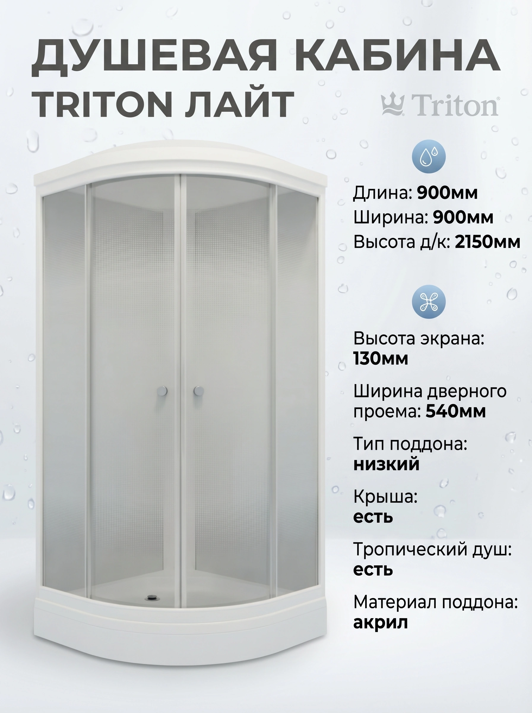 Кабина душевая "Triton Лайт А 900*900*2150" (низкий поддон+ сифон D90мм)