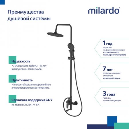 Смеситель для ванны с верхним душем, черный матовый, Rora, MI RORBL4FM06,