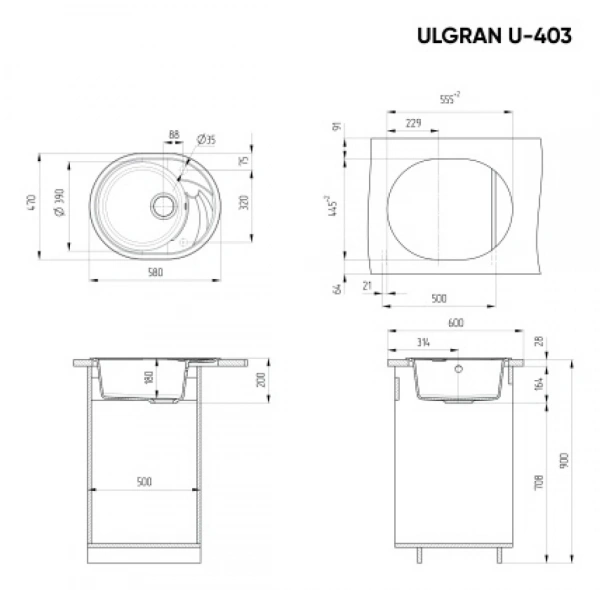 Мойка мраморная "Ulgran"  U-403-344 цвет ультра-чёрный (580*470мм)