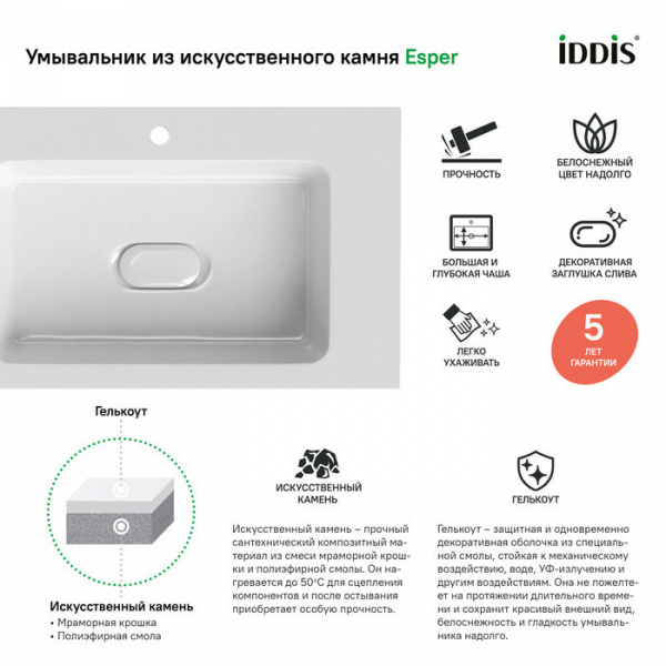 Тумба с умывальником, подвесная "IDDIS Esper 80" цвет белый арт.ESP80W0i95+арт.4508000i28