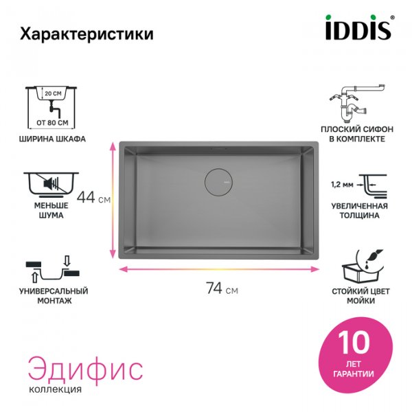 Мойка, нерж. сталь, универсального монтажа, графит, 740*440,  Edifice, ID EDI74G0i77,