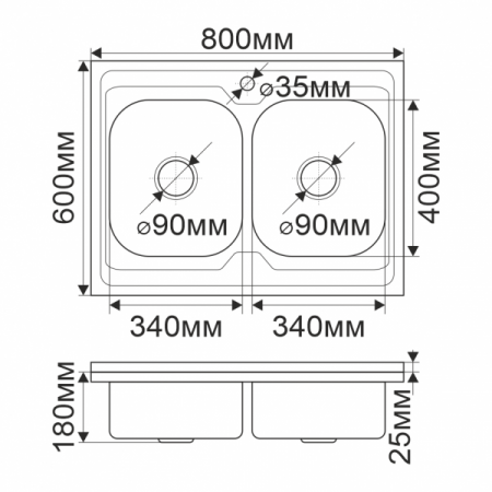 Мойка MELANA 0,8/180 8060S двойная чаша накладная прямоугольная с сифоном (061 tb *7)