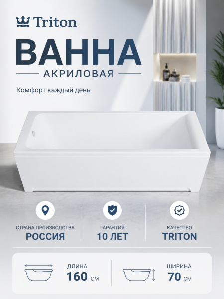 Ванна акрил. Triton "Тори 1600*700" со с/переливом