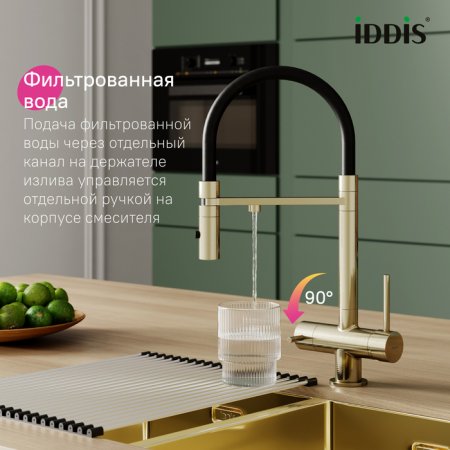 Смеситель для кухни с фильтром и гибким изливом, матовое золото, Ace, ID ACEMGFFi05,